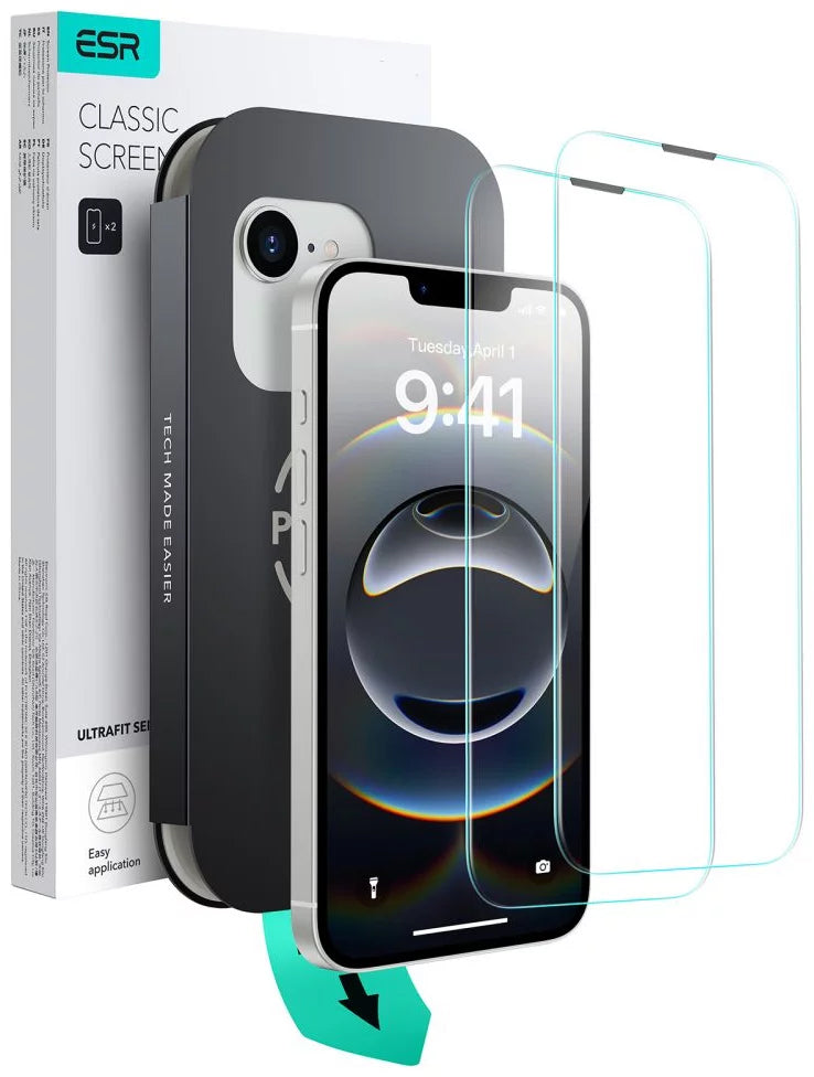 Ochranná fólia na displej ESR Ultrafit pre Apple iPhone 17e / 16e / 14 / 13 Pro, Kalené sklo, Full Glue, Sada 2 kusy