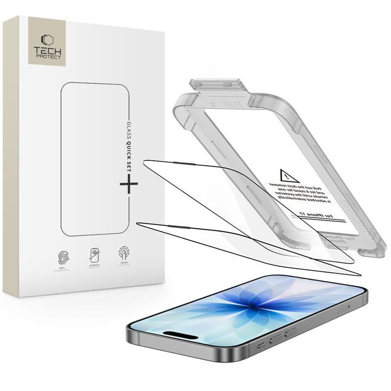 Ochranná fólia na displej Tech-Protect Quick Set+ pre Apple iPhone 17, Kalené sklo, Full Glue, Sada 2 kusy, Čierna