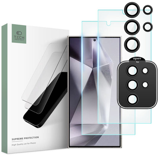 Tech-Protect Supreme Ochranná fólia na zadnú stranu displeja a fotoaparátu pre Samsung Galaxy S24 Ultra S928, chránené sklo, celoplošné lepenie, sada 3 ks, 2,5D