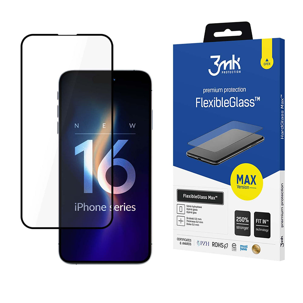 Ochranná fólia na displej 3MK FlexibleGlass Max pre Apple iPhone 16 Pro, flexibilné sklo, plné lepidlo, čierna