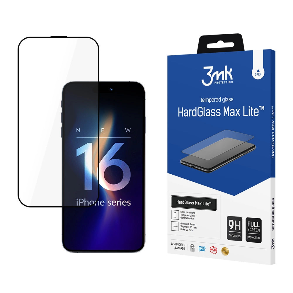 Ochranná fólia na displej 3MK HardGlass Max Lite pre Apple iPhone 17 / 16 Pro, Kalené sklo, Full Glue, Čierna