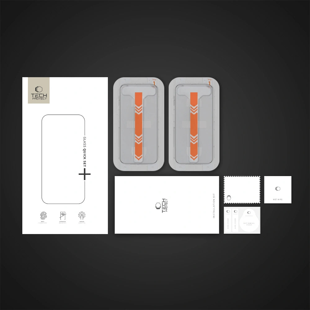 Ochranná fólia na displej Tech-Protect Quick Set+ pre Apple iPhone 16 Pro, Tvrdené sklo, Full Glue, Sada 2 kusy, Čierna