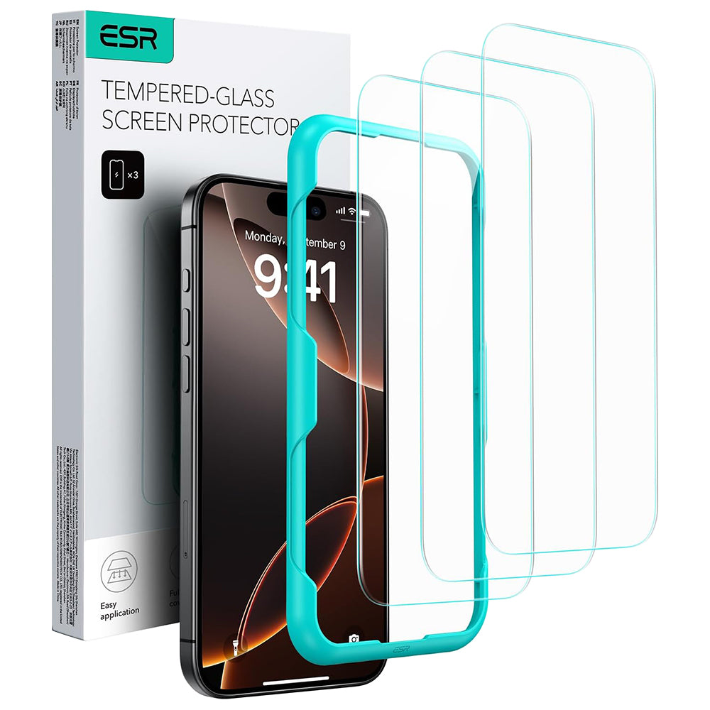 Ochranná fólia ESR na displej pre Apple iPhone 17 / 16 Pro, Tvrdené sklo, Full Glue, Sada 3 kusy, Čierna
