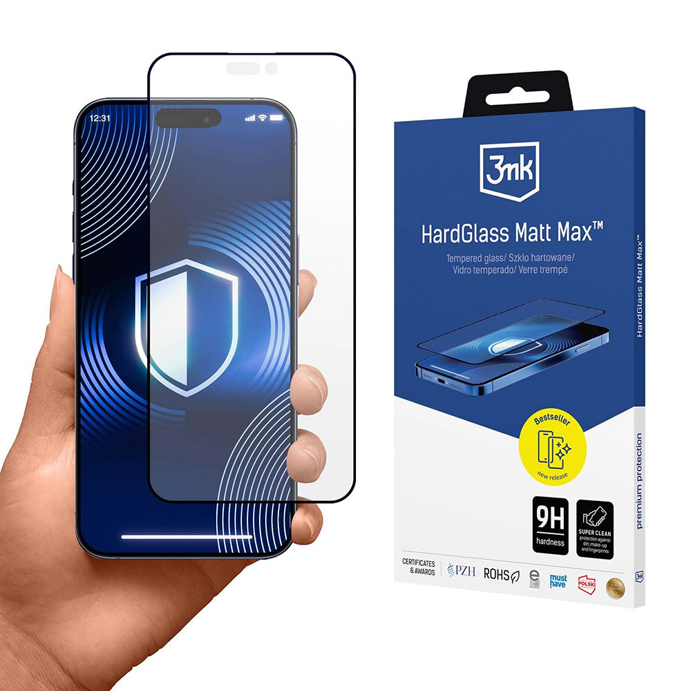 Matte Screen Protector 3MK HardGlass Max for Apple iPhone 17 Pro, Tempered Glass, Full Glue, Black