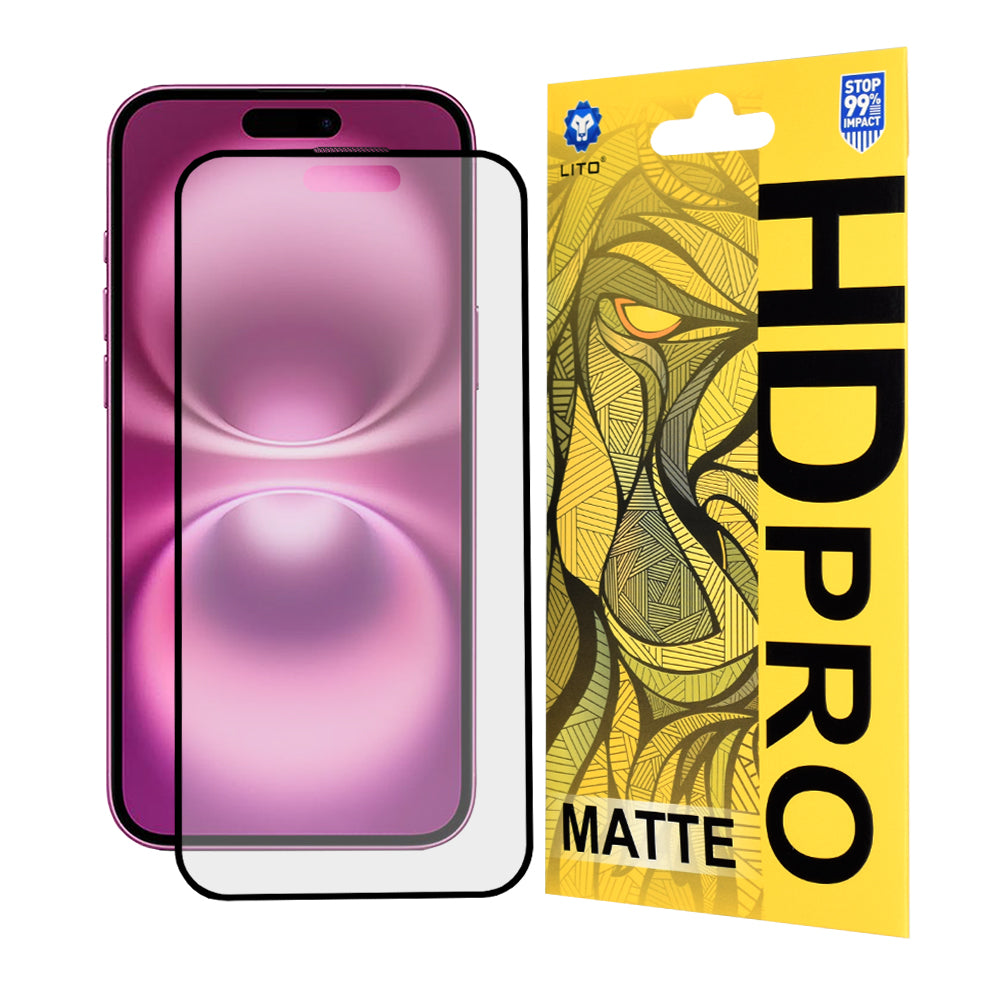 Matná ochranná fólia na displej Lito HD Pro pre Apple iPhone 16 Plus, tvrdené sklo, plné lepenie, čierna