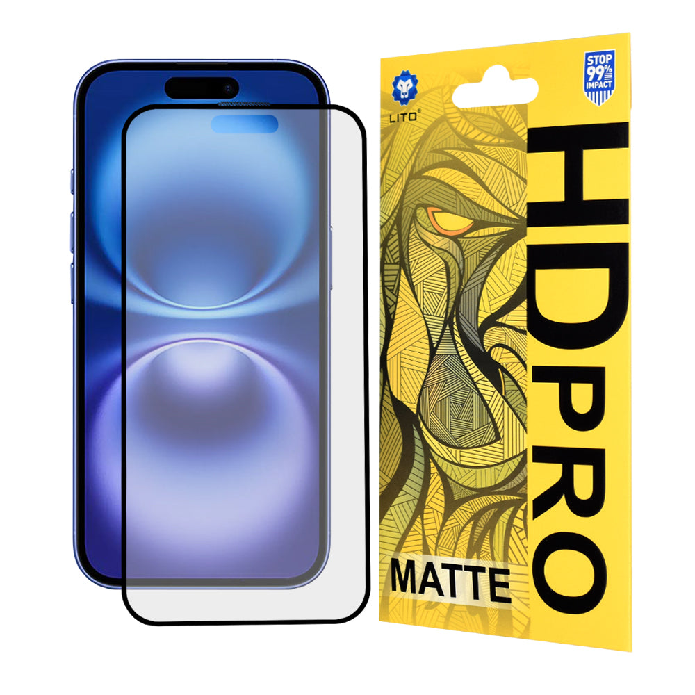 Matná ochranná fólia na displej Lito HD Pro pre Apple iPhone 16, tvrdené sklo, plné lepenie, čierna