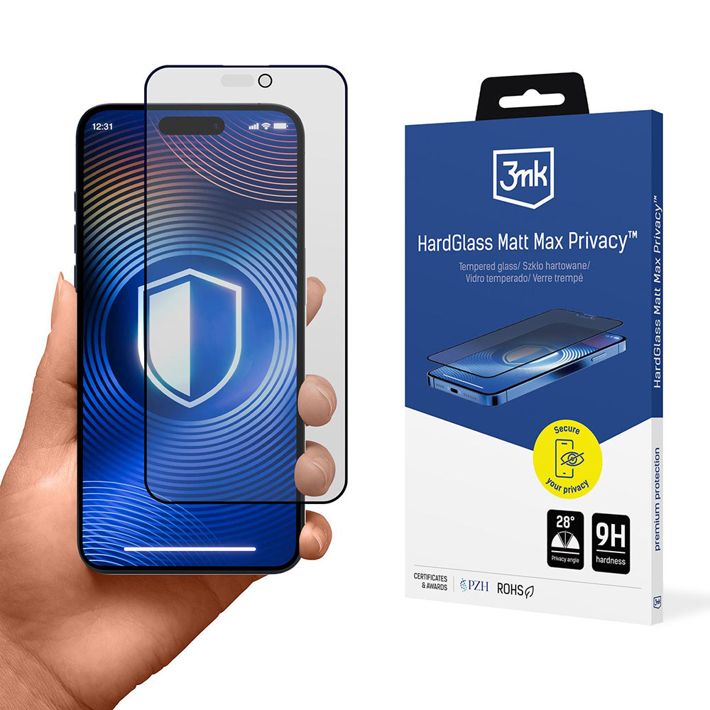 Matte Privacy Screen Protector 3MK HardGlass Max for Apple iPhone 17 Pro, Tempered Glass, Full Glue