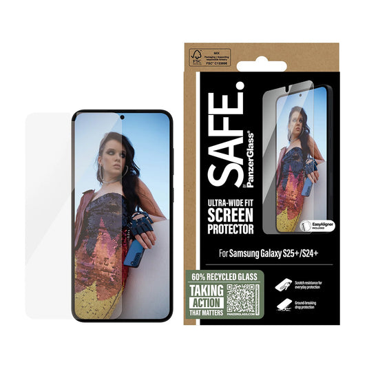 Ochranná fólia na displej PanzerGlass Safe. Ultra-Wide Fit EasyAligner pre Samsung Galaxy S25+ S936 / S24+ S926, Kalené sklo, Full Glue