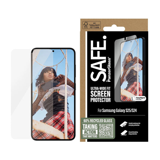 Ochranná fólia na displej PanzerGlass Safe. Ultra-Wide Fit EasyAligner pre Samsung Galaxy S25 S931 / S24 S921, Kalené sklo, Full Glue