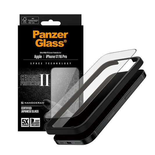 Ochranná fólia na displej PanzerGlass Ultra-Wide Ceramic II EasyAligner pre Apple iPhone 17 / 16 Pro, Tvrdené sklo, Full Glue, Čierna