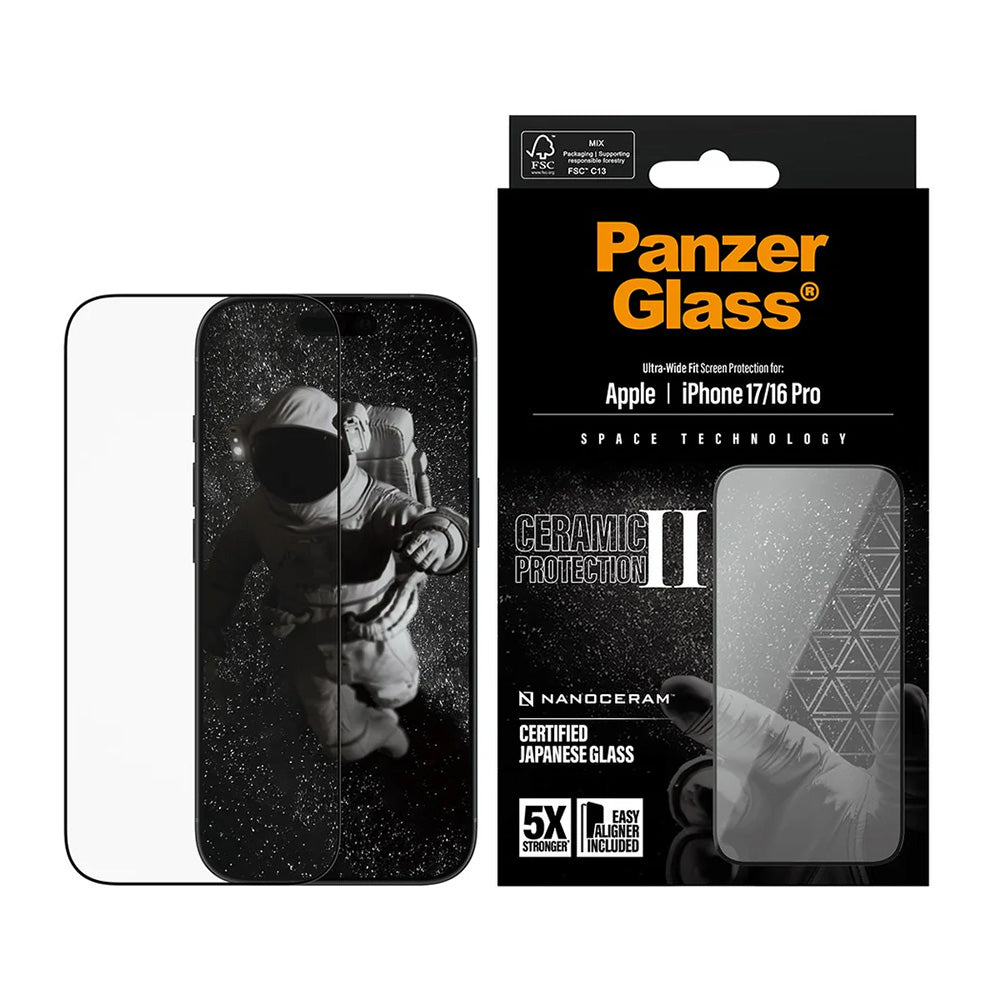 Ochranná fólia na displej PanzerGlass Ultra-Wide Ceramic II EasyAligner pre Apple iPhone 17 / 16 Pro, Tvrdené sklo, Full Glue, Čierna