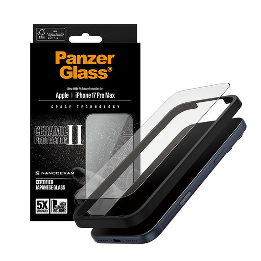 Ochranná fólia na displej PanzerGlass Ultra-Wide Ceramic II EasyAligner pre Apple iPhone 17 Pro Max, Kalené sklo, Full Glue, Čierna
