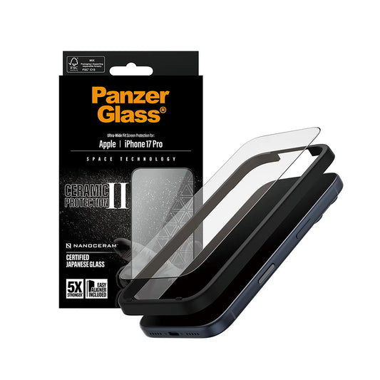 Ochranná fólia na displej PanzerGlass Ultra-Wide Ceramic II EasyAligner pre Apple iPhone 17 Pro, Kalené sklo, Full Glue, Čierna