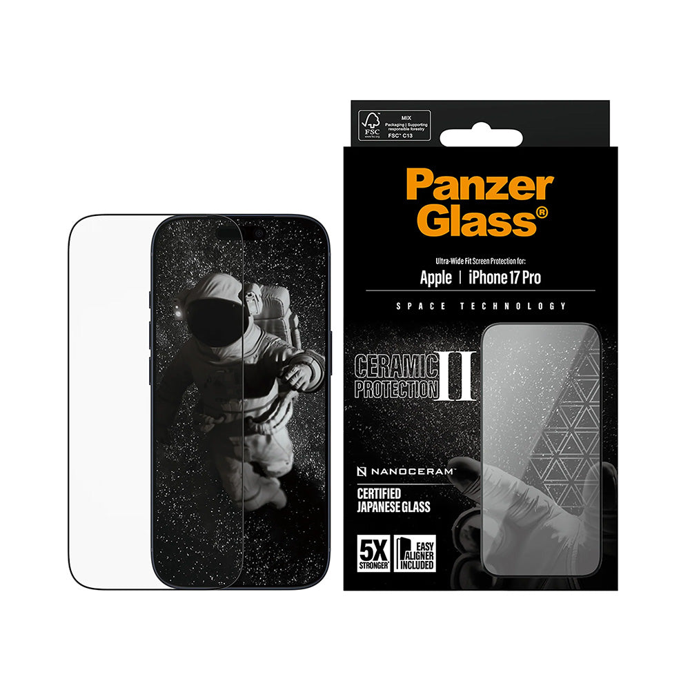 Ochranná fólia na displej PanzerGlass Ultra-Wide Ceramic II EasyAligner pre Apple iPhone 17 Pro, Kalené sklo, Full Glue, Čierna
