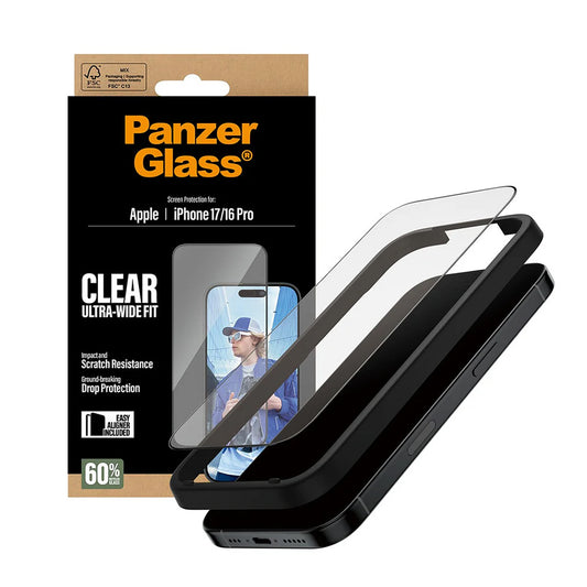Ochranná fólia na displej PanzerGlass Ultra-Wide Fit EasyAligner pre Apple iPhone 17 / 16 Pro, Tvrdené sklo, Full Glue, Čierna