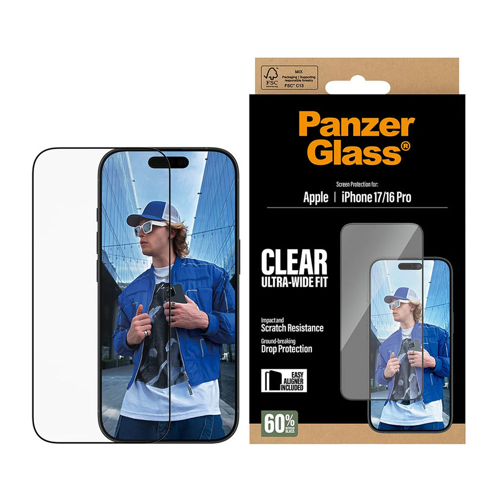 Ochranná fólia na displej PanzerGlass Ultra-Wide Fit EasyAligner pre Apple iPhone 17 / 16 Pro, Tvrdené sklo, Full Glue, Čierna