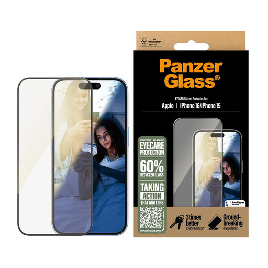 Ochranná fólia na displej PanzerGlass Ultra-Wide Fit EyeCare pre Apple iPhone 16 / 15, Kalené sklo, Full Glue, Čierna