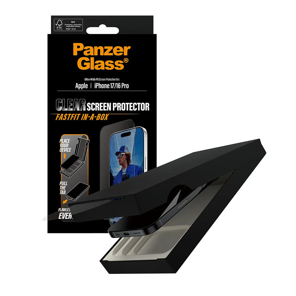 Ochranná fólia na displej PanzerGlass Ultra-Wide Fit Fastfit pre Apple iPhone 17 / 16 Pro, Tvrdené sklo, Full Glue, Čierna