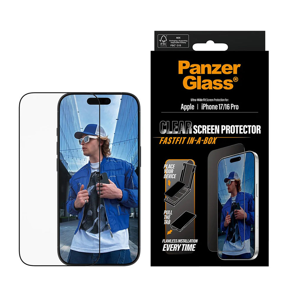 Ochranná fólia na displej PanzerGlass Ultra-Wide Fit Fastfit pre Apple iPhone 17 / 16 Pro, Tvrdené sklo, Full Glue, Čierna