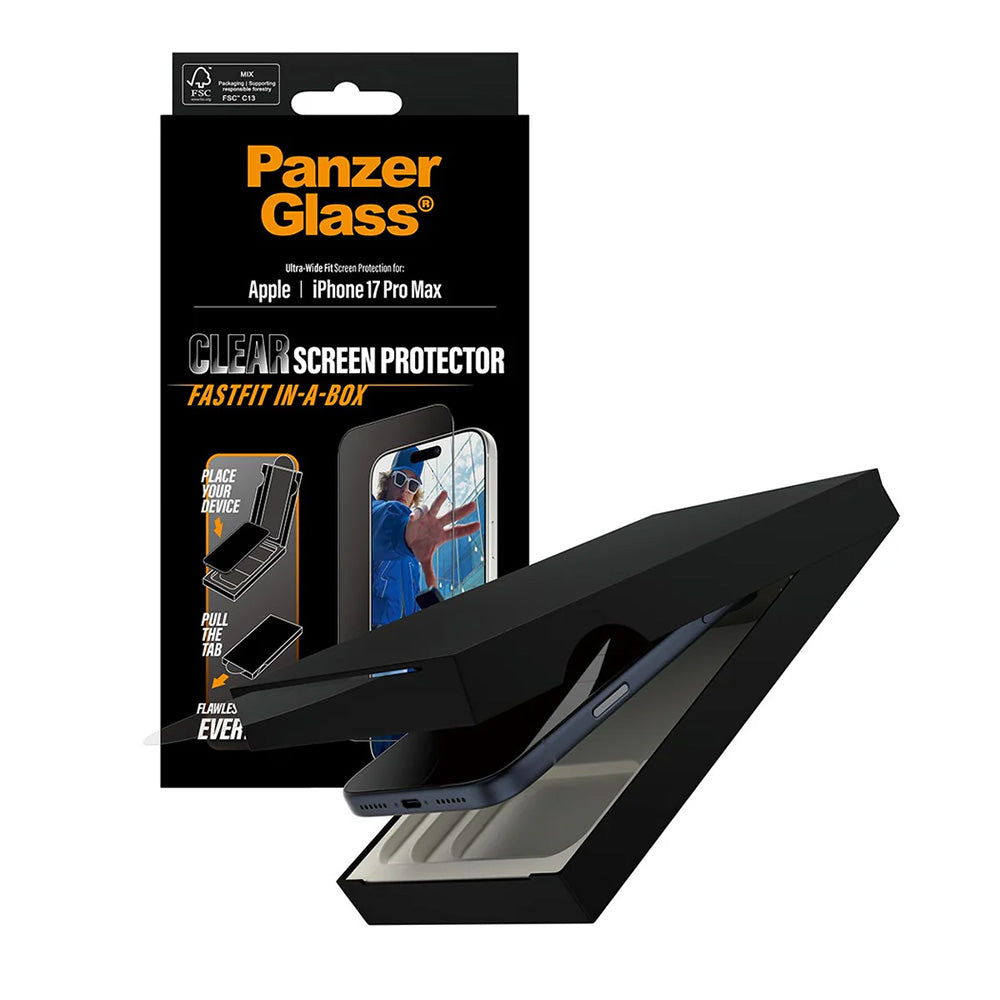 Ochranná fólia na displej PanzerGlass Ultra-Wide Fit Fastfit pre Apple iPhone 17 Pro Max, Kalené sklo, Full Glue, Čierna