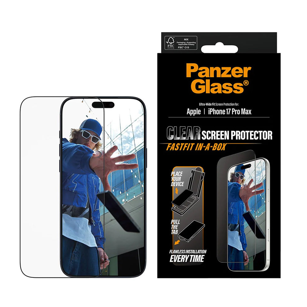 Ochranná fólia na displej PanzerGlass Ultra-Wide Fit Fastfit pre Apple iPhone 17 Pro Max, Kalené sklo, Full Glue, Čierna