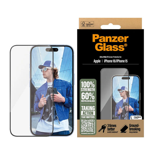 Ochranná fólia na displej PanzerGlass Ultra-Wide Fit pre Apple iPhone 16 / 15, Kalené sklo, Full Glue, Čierna