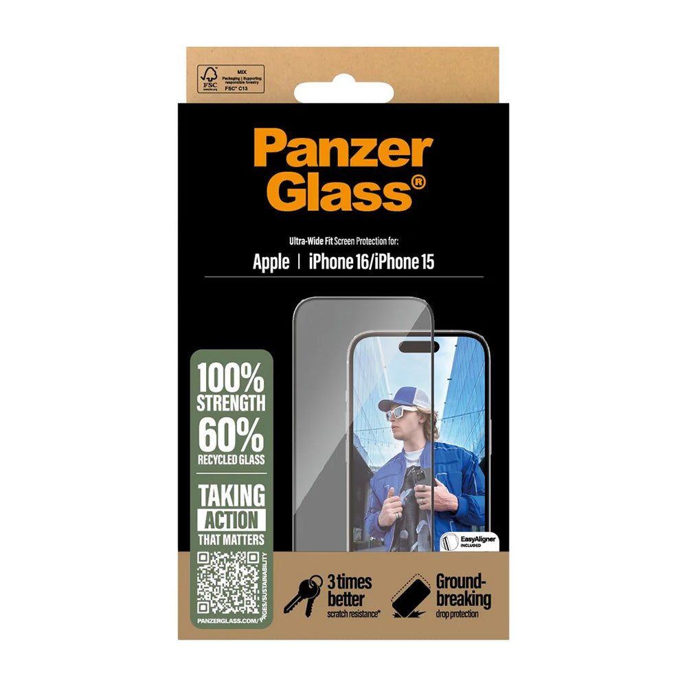 Ochranná fólia na displej PanzerGlass Ultra-Wide Fit pre Apple iPhone 16 / 15, Kalené sklo, Full Glue, Čierna