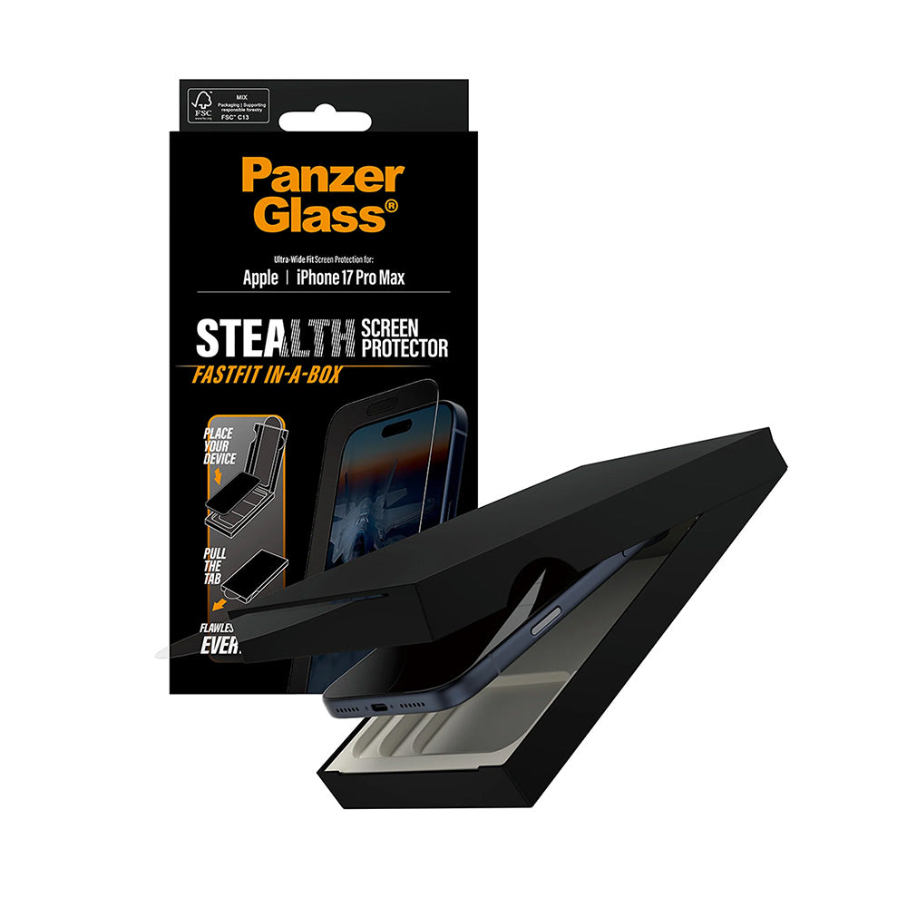 Ochranná fólia na displej PanzerGlass Ultra-Wide Fit Stealth Fastfit pre Apple iPhone 17 Pro Max, Kalené sklo, Full Glue, Čierna