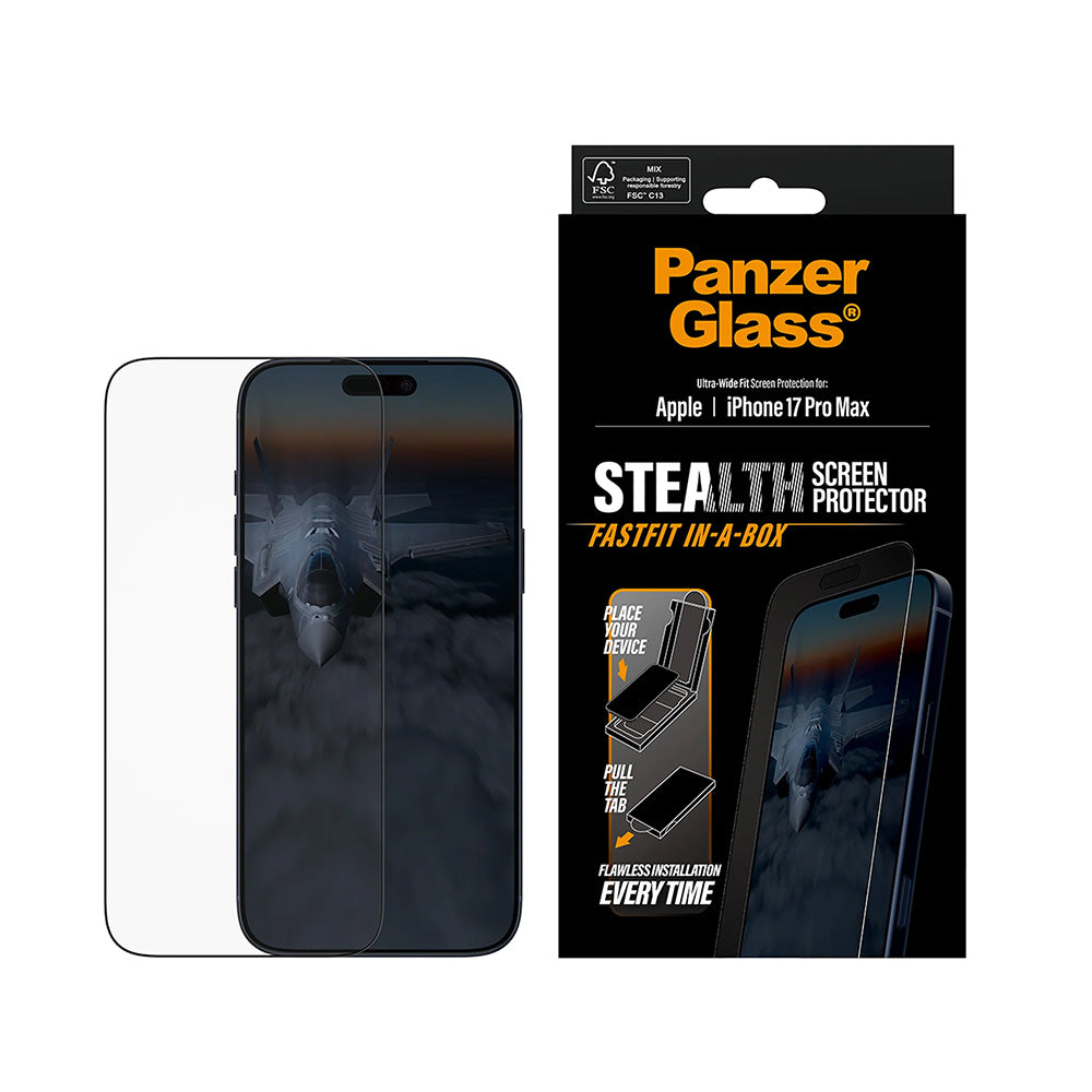 Ochranná fólia na displej PanzerGlass Ultra-Wide Fit Stealth Fastfit pre Apple iPhone 17 Pro Max, Kalené sklo, Full Glue, Čierna