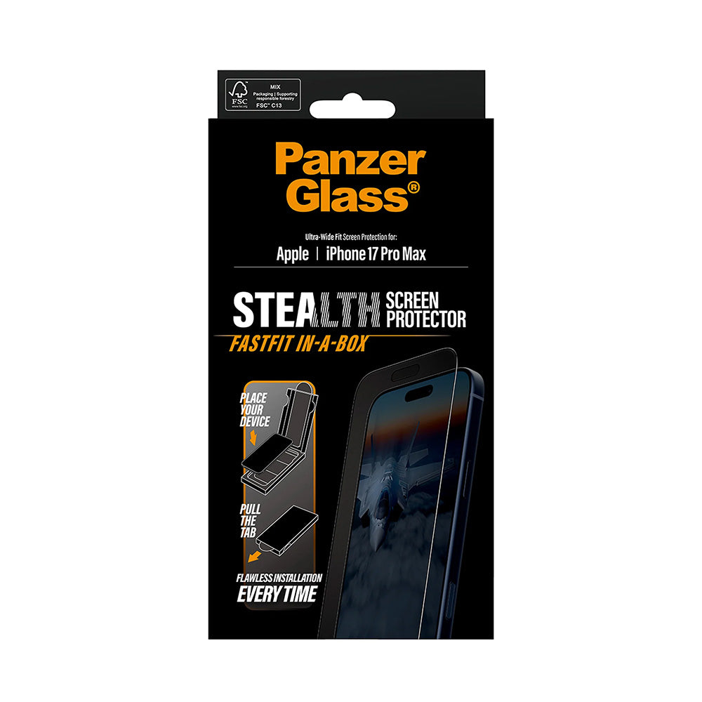 Ochranná fólia na displej PanzerGlass Ultra-Wide Fit Stealth Fastfit pre Apple iPhone 17 Pro Max, Kalené sklo, Full Glue, Čierna