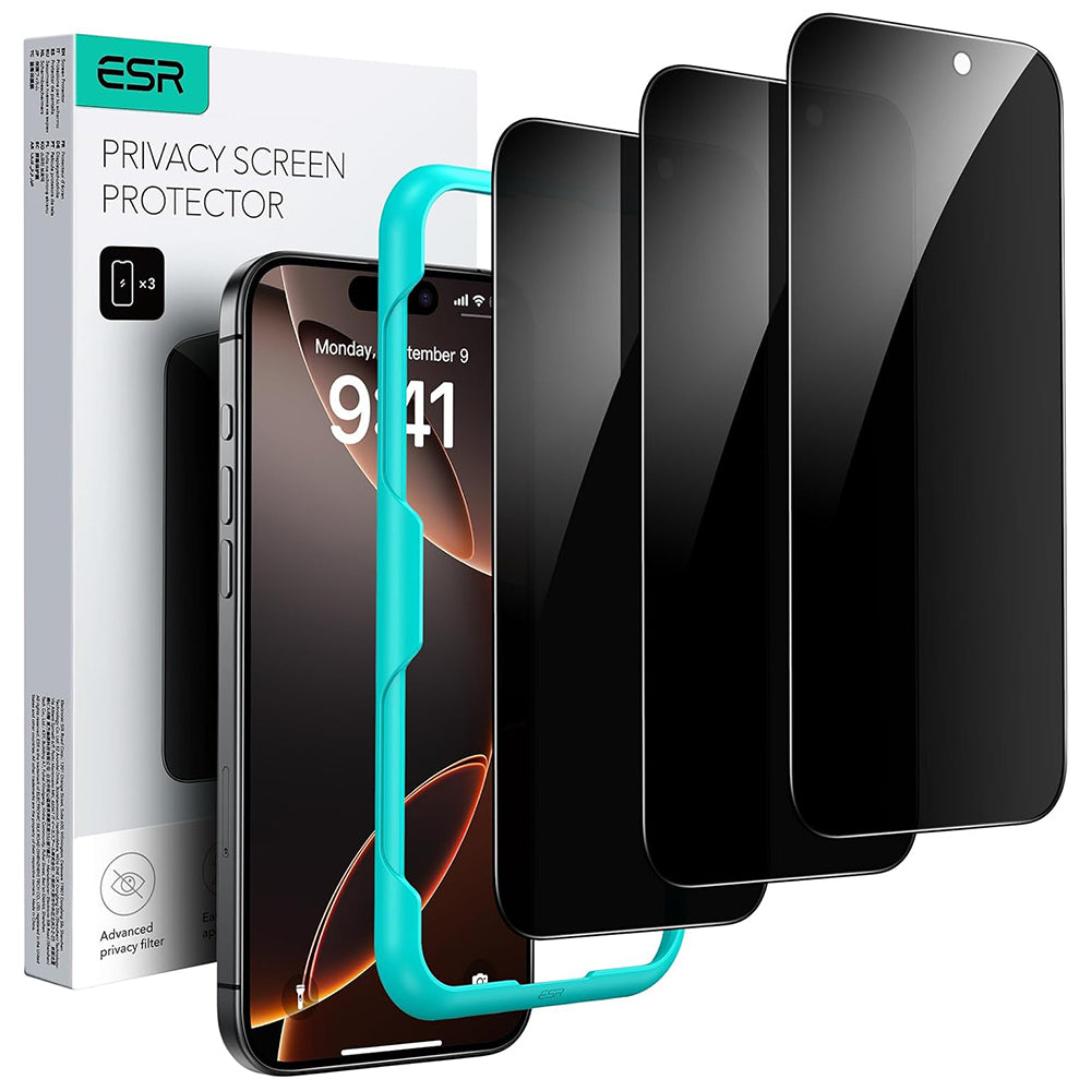 Ochranná fólia Ecran Privacy ESR pre Apple iPhone 17 / 16 Pro, Kalené sklo, Full Glue, Sada 3 kusy