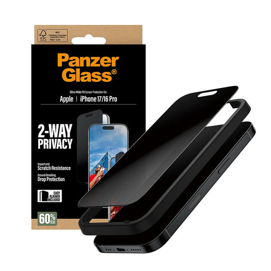 Ochranná fólia na displej Privacy PanzerGlass Ultra-Wide Fit 2-Way EasyAligner pre Apple iPhone 17 / 16 Pro, Kalené sklo, Full Glue