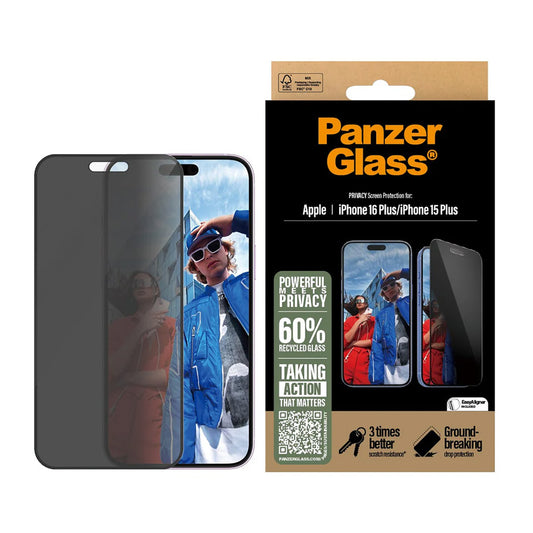 Ochranná fólia na displej Privacy PanzerGlass Ultra-Wide Fit EasyAligner pre Apple iPhone 16 Plus / 15 Plus, Kalené sklo, Full Glue