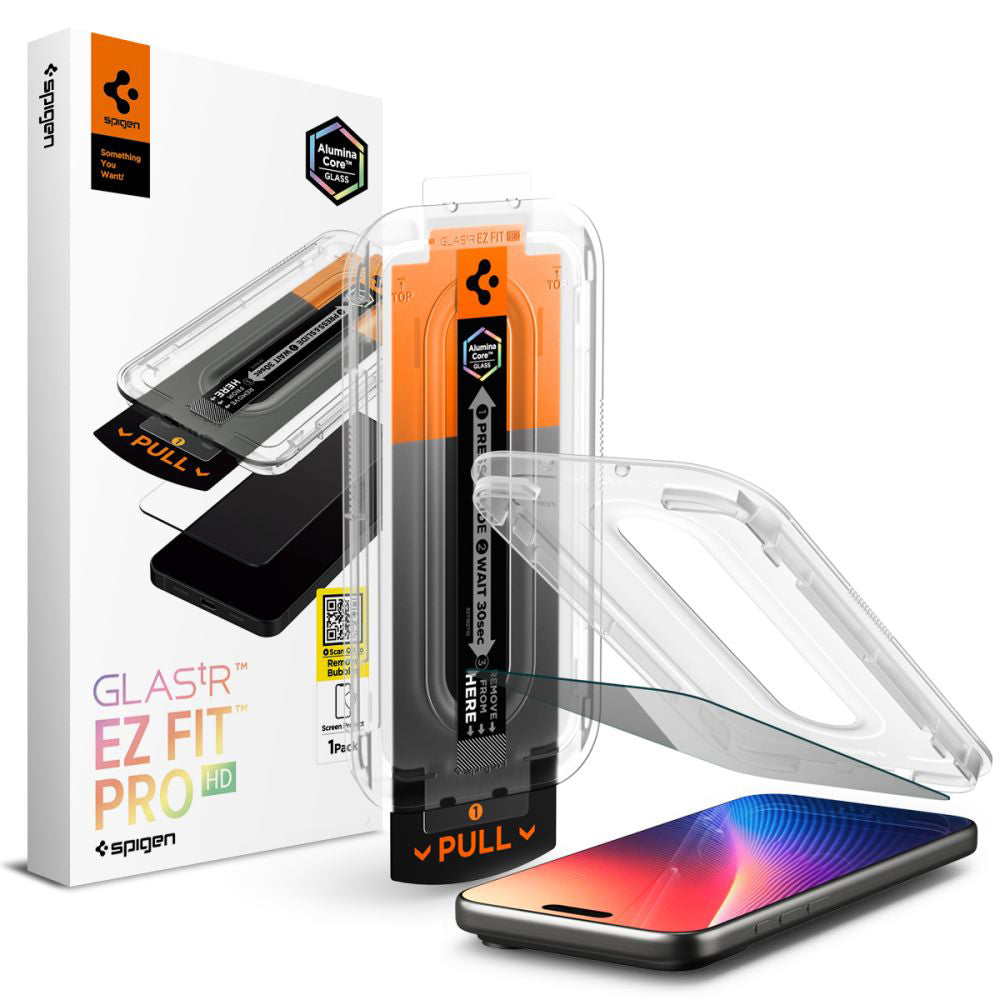 Ochranná fólia na displej Privacy Spigen GlastR EZ FIT Pro pre Apple iPhone 17 Pro / 17 / 16 Pro, Kalené sklo, Full Glue AGL10098