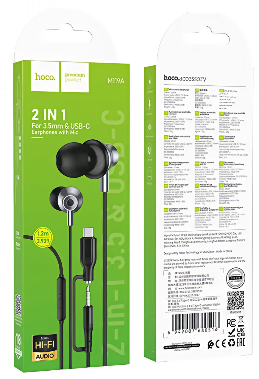 Handsfree 3,5 mm / USB-C HOCO M119A, čierny
