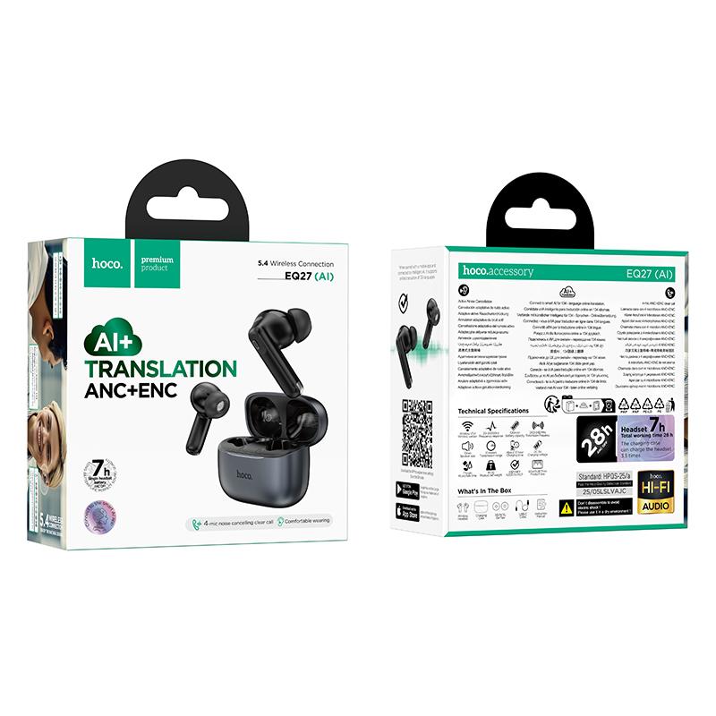 Handsfree Bluetooth HOCO EQ27 AI Preklad, TWS, ANC, Sivá
