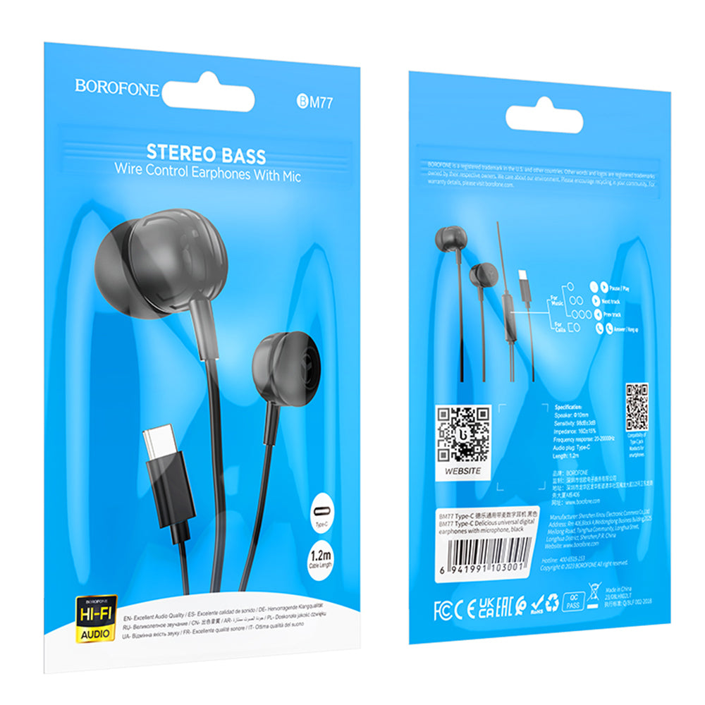 Handsfree USB-C Borofone BM77 Delicious, Čierna