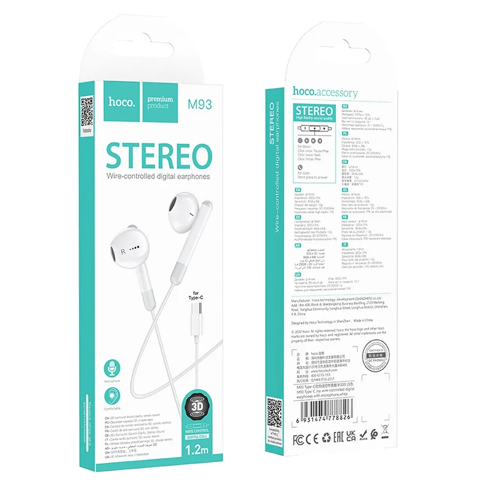Handsfree USB-C HOCO M93, biele