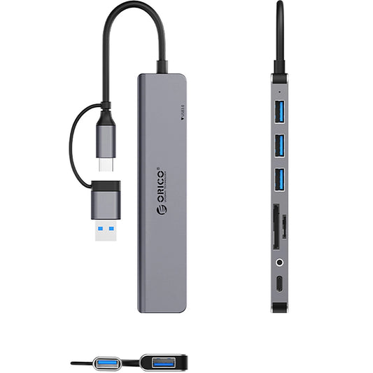Hub USB / USB-C Orico YSA8-U3, 1 x USB-A 3.0 - 3 x USB-A - 1 x USB-C - 1 x Jack 3.5mm - 1 x SD - 1 x microSD, čierna