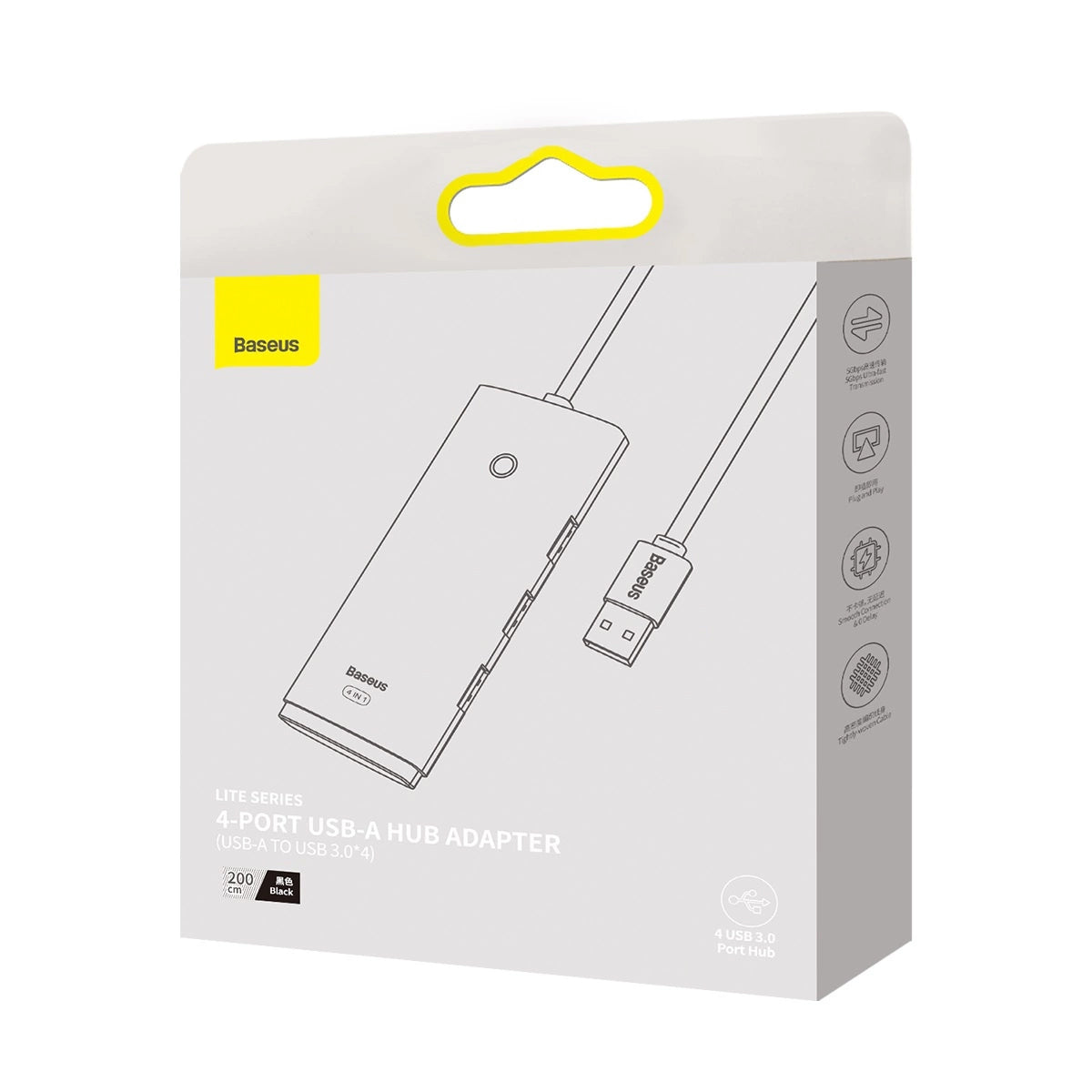 Hub USB Baseus Lite, 4 x USB-A 3.0 - 1 x USB-C, 2m, Čierny WKQX030201