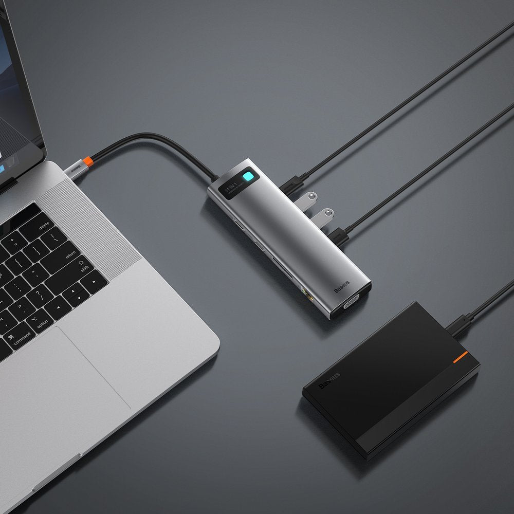 Hub USB-C Baseus Metal Gleam, 3 x USB-A 3.0 - 1 x USB-C - 2 x HDMI - 1 x VGA - 1 x Jack 3.5mm - 1 x RJ45 - 1 x SD - 1 x microSD, Sivý CAHUB-CT0G