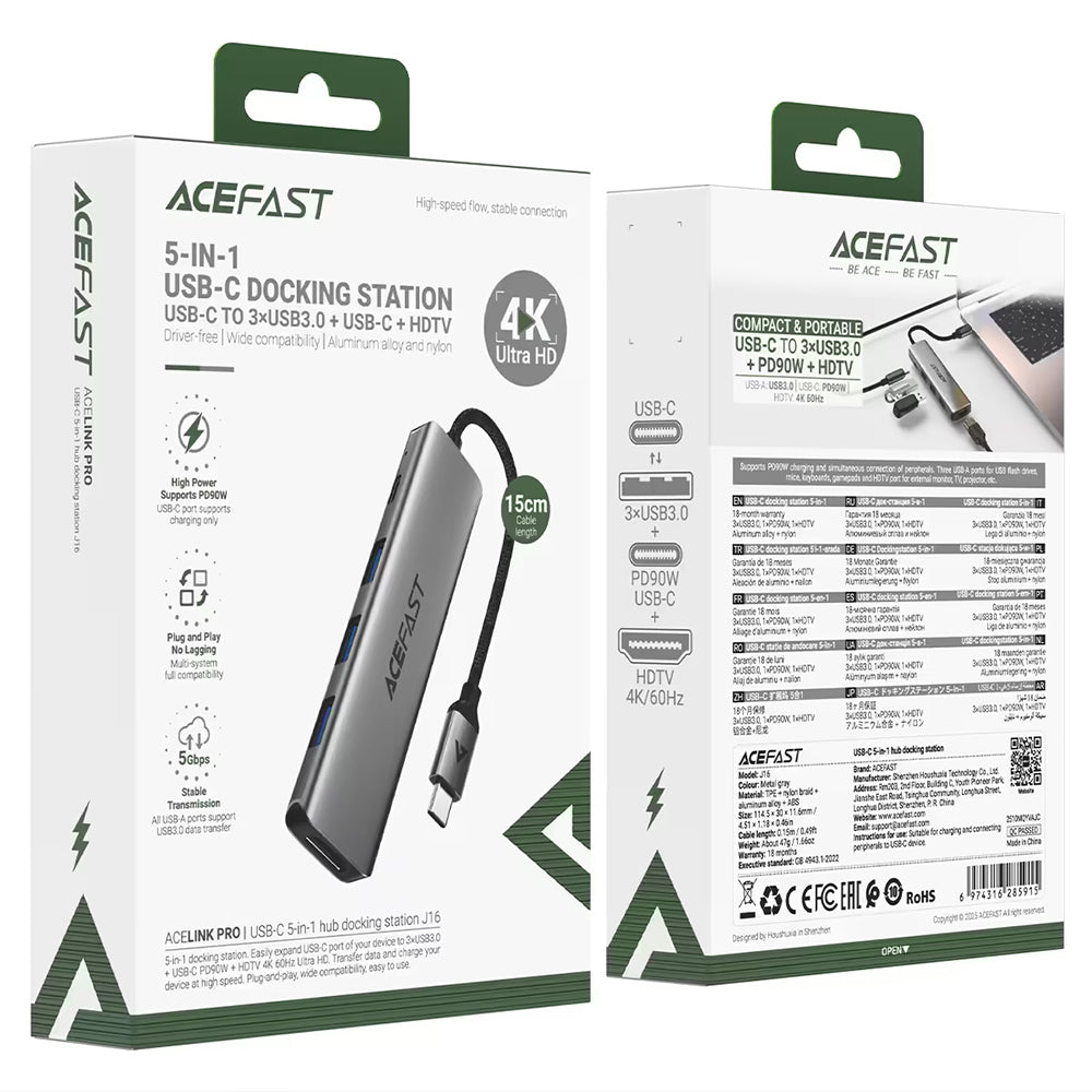 Hub USB-C Acefast J16, 5v1, Sivý