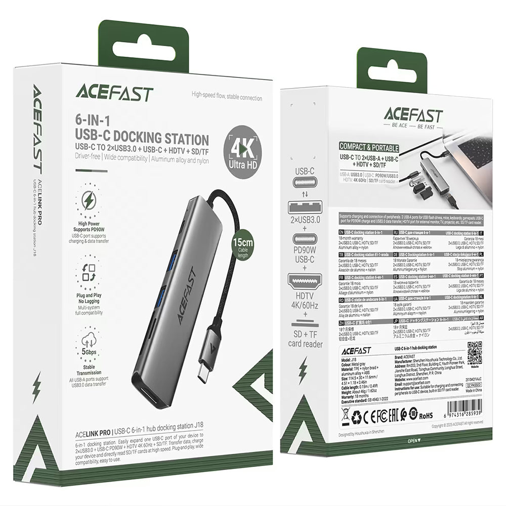Hub USB-C Acefast J18, 6v1, Sivý