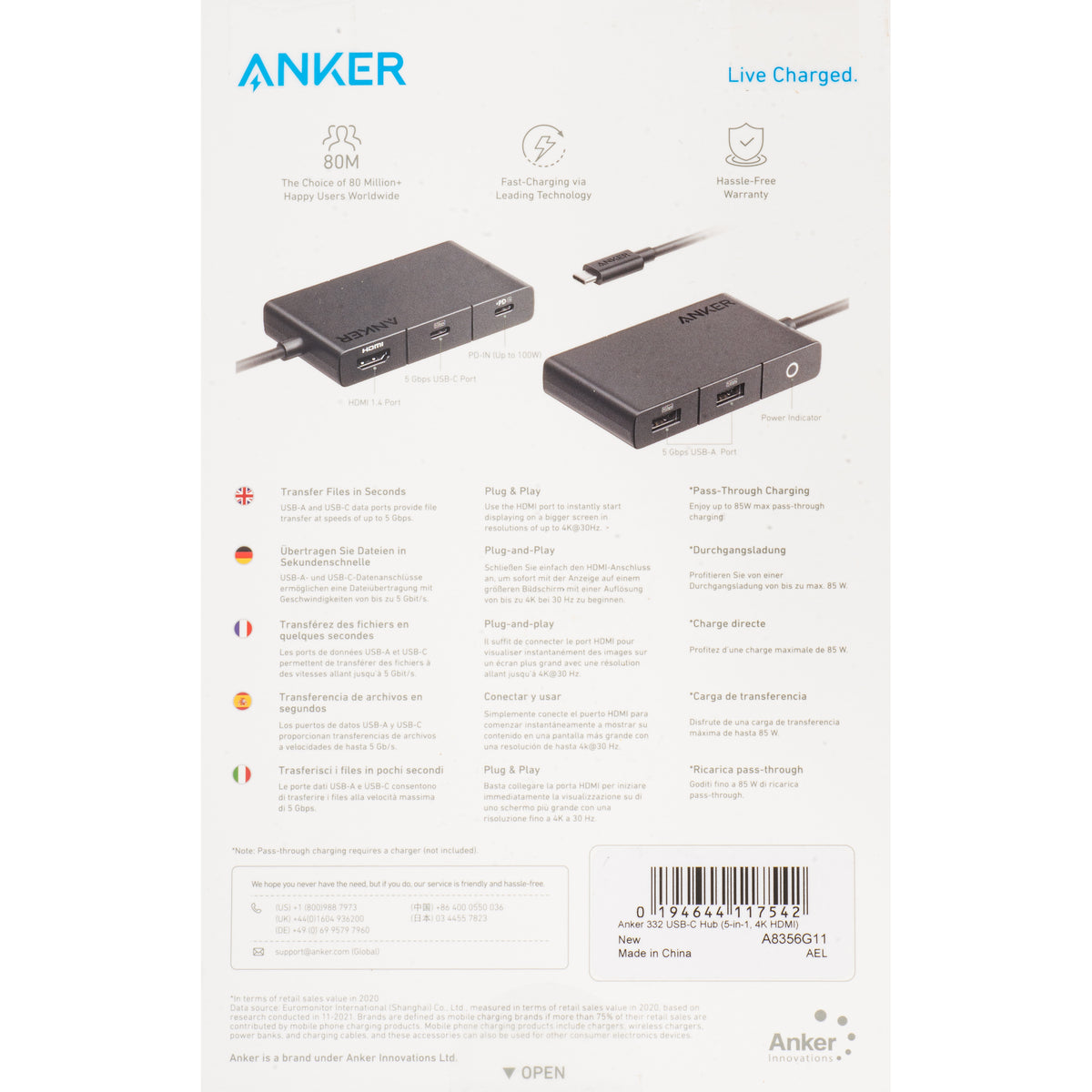 USB-C rozbočovač Anker 332, 2 x USB-A - 2 x USB-C - 1 x HDMI, čierny A8356G11