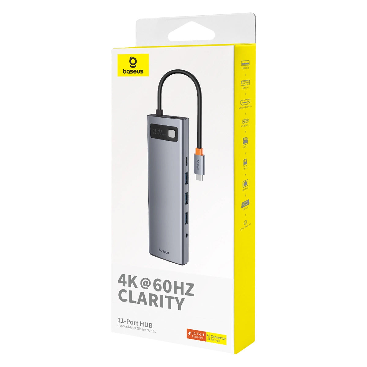 Hub USB-C Baseus Metal Gleam, 3 x USB-A 3.0 - 1 x USB-A - 1 x USB-C - 1 x HDMI - 1 x VGA - 1 x Jack 3.5mm - 1 x RJ45 - 1 x SD - 1 x microSD, Sivý