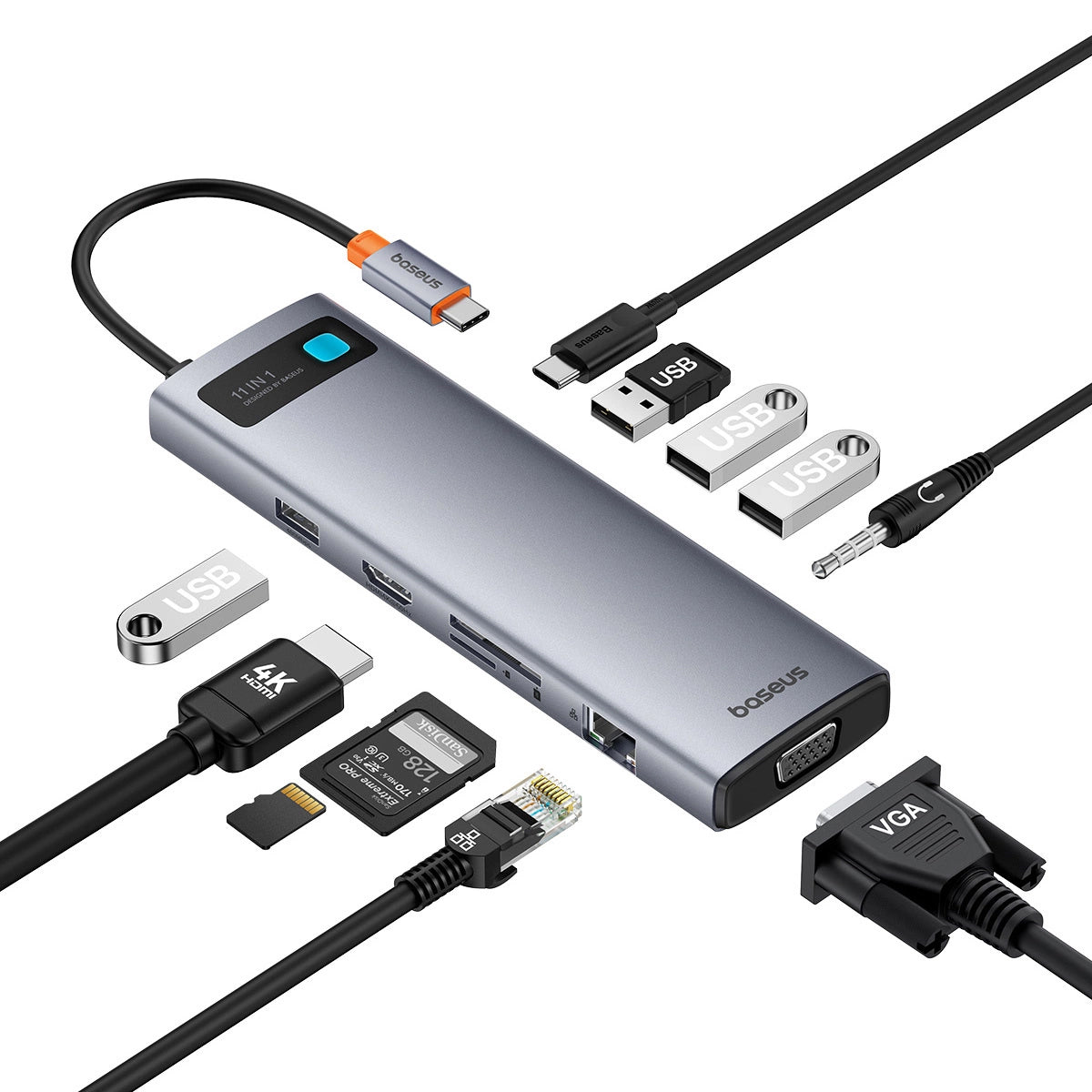 Hub USB-C Baseus Metal Gleam, 3 x USB-A 3.0 - 1 x USB-A - 1 x USB-C - 1 x HDMI - 1 x VGA - 1 x Jack 3.5mm - 1 x RJ45 - 1 x SD - 1 x microSD, Sivý