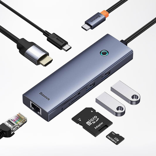 Hub USB-C Baseus UltraJoy, 2 x USB-A 3.0 - 1 x USB-C - 1 x HDMI - 1 x RJ45 - 1 x SD - 1 x microSD, Sivý B00052805813-00