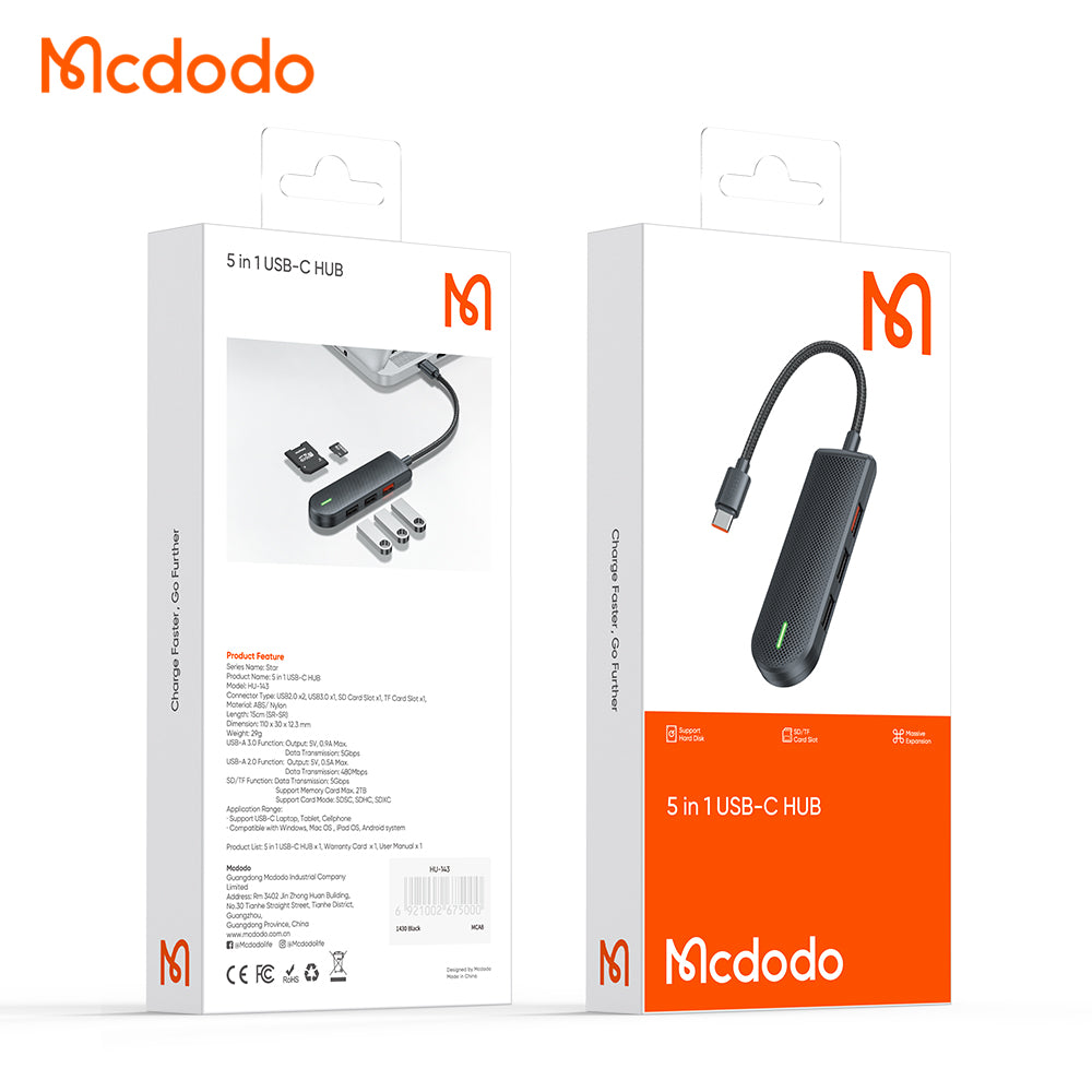 Hub USB-C McDodo HU-1430 Star, 5v1, Čierny