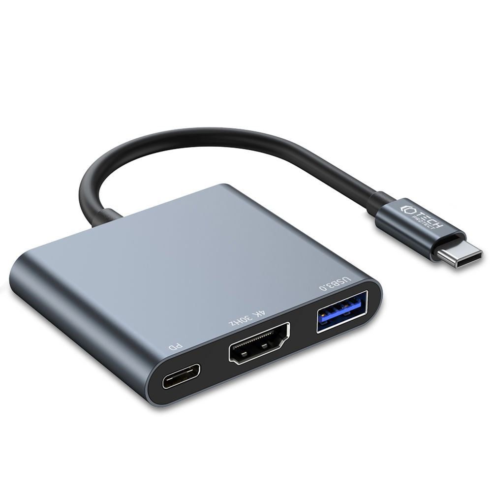 Hub USB-C Tech-Protect V1, USB-A 3.0 - 1 x USB-C - 1 x HDMI, Sivý