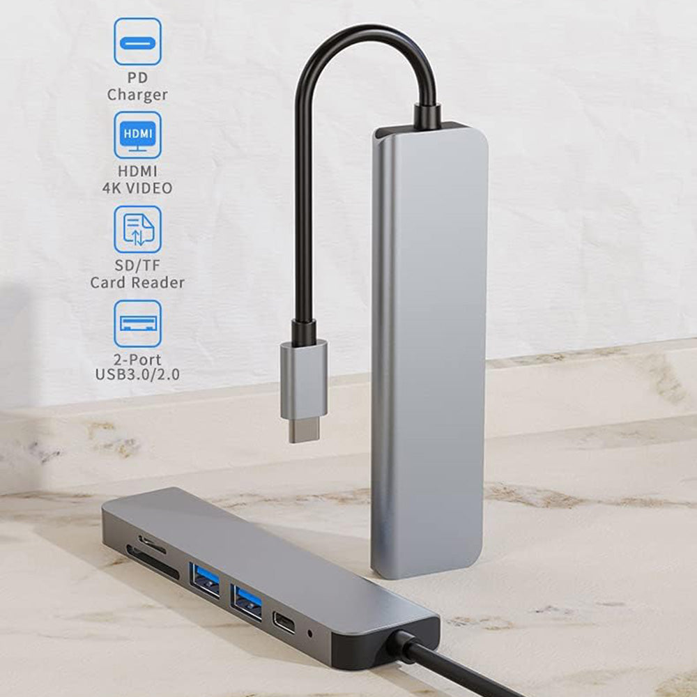 Hub USB-C Techsuit H5 TurboChargeX, 6v1, Sivý